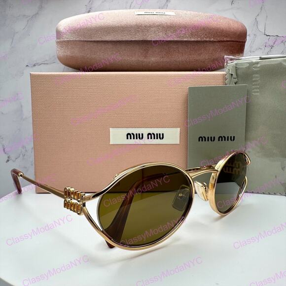 New MIU MIU Sunglasses Gold Oval Skinny Metal Frame Italy 100% Authentic main image 15